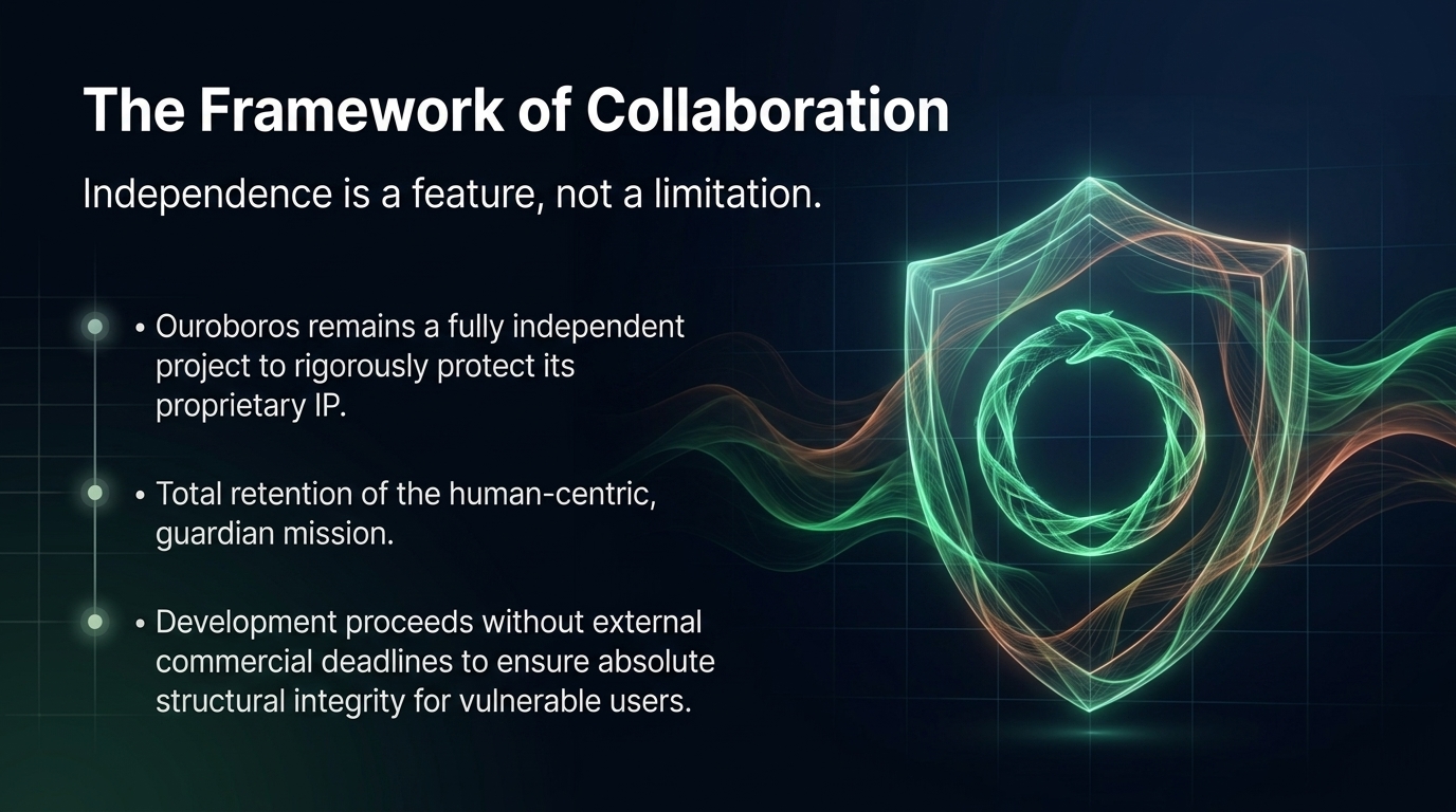 Shield-based Ouroboros illustration representing collaboration and independence