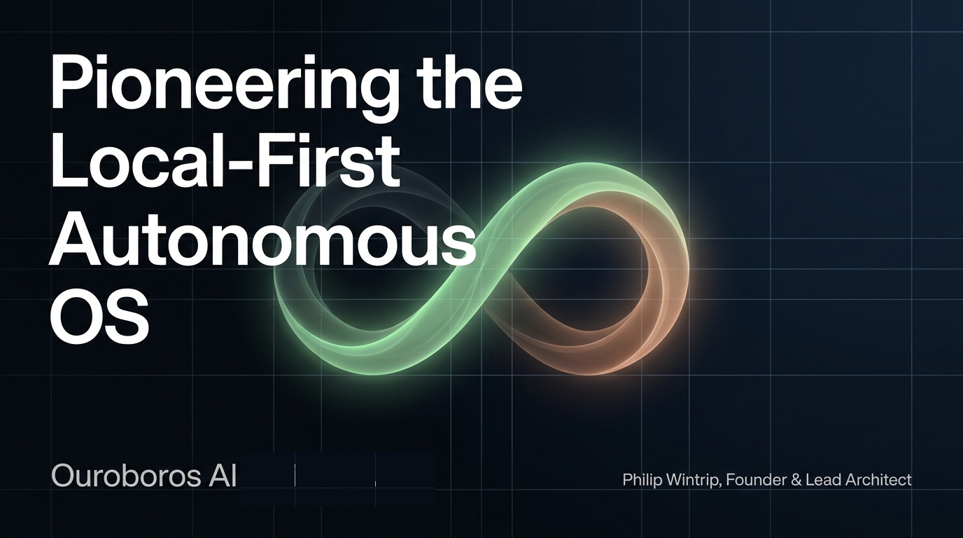 Ouroboros AI presentation visual with an infinity loop and the phrase local-first autonomous OS
